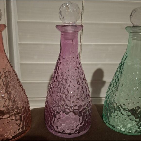 Trio of Pebbled Glass Decorative Bottles w/ Crystal Stoppers - Picture 3 of 6